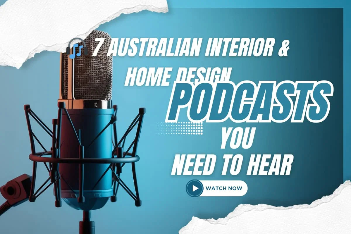 Blue studio microphone with text promoting 7 Australian interior home design podcasts