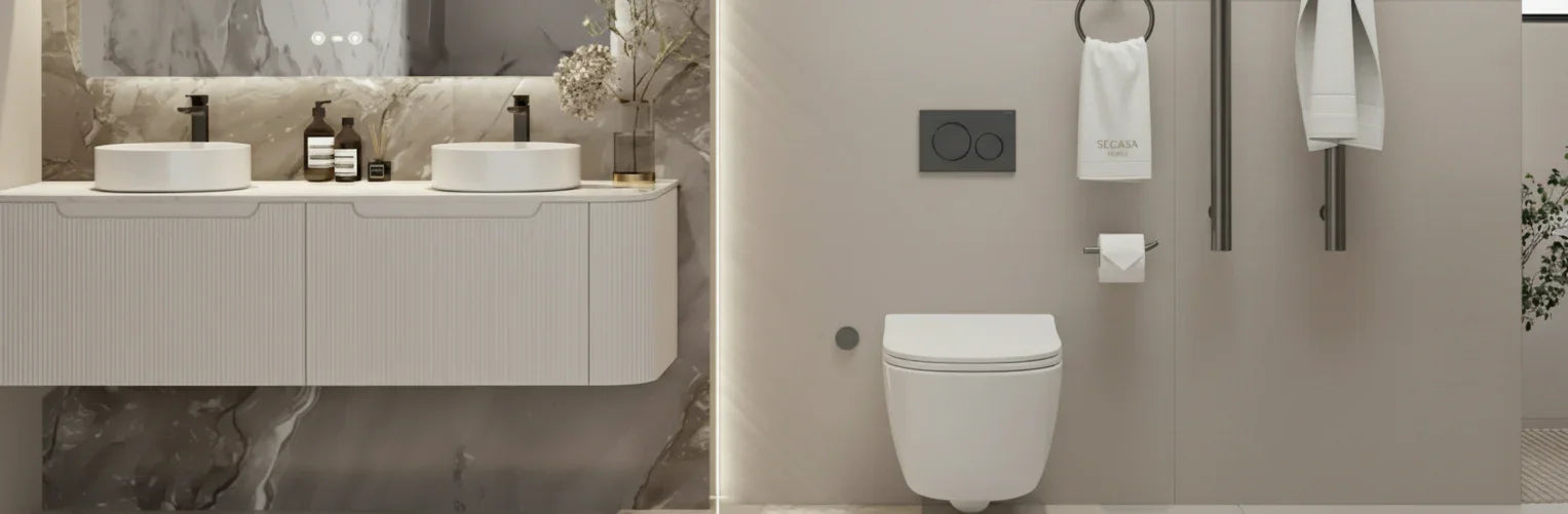 Modern bathroom with double vanity, vessel sinks, wall-mounted toilet, and Secasa Home accessories