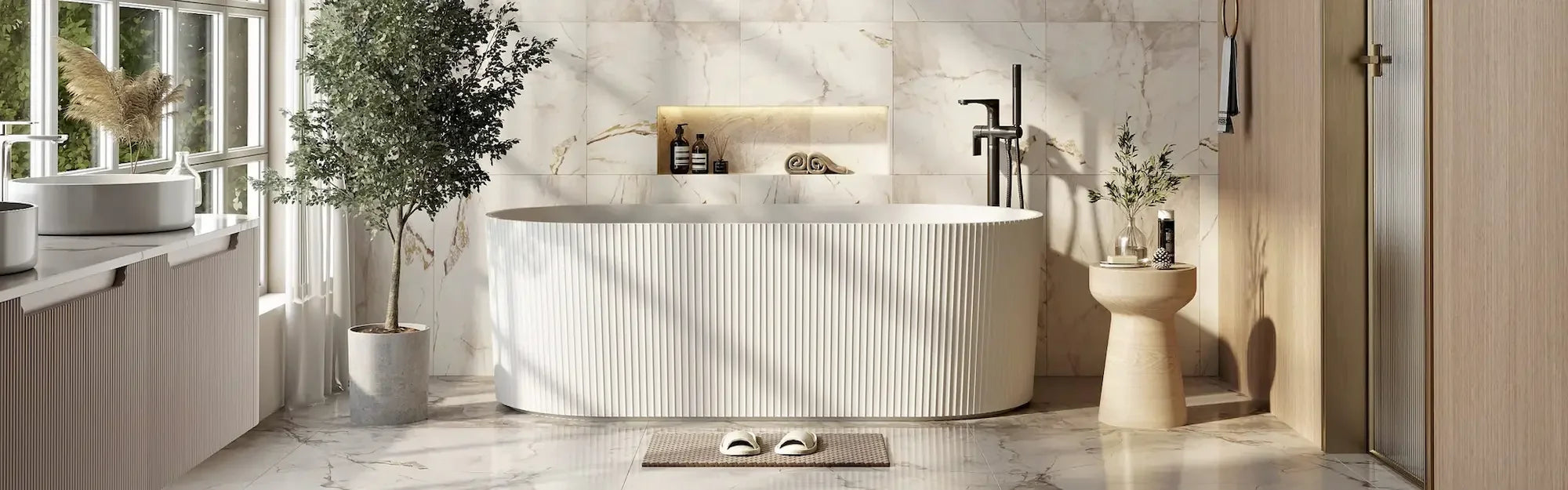 Modern bathroom with freestanding white bathtub, marble walls, and large windows by Secasa Home