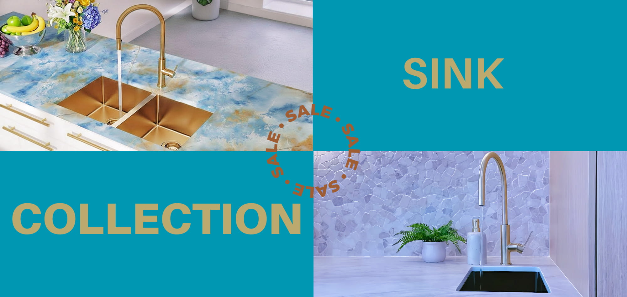 Secasa Home Sink Collection: Modern gold and black kitchen sinks with premium gold faucets and promotional sale branding