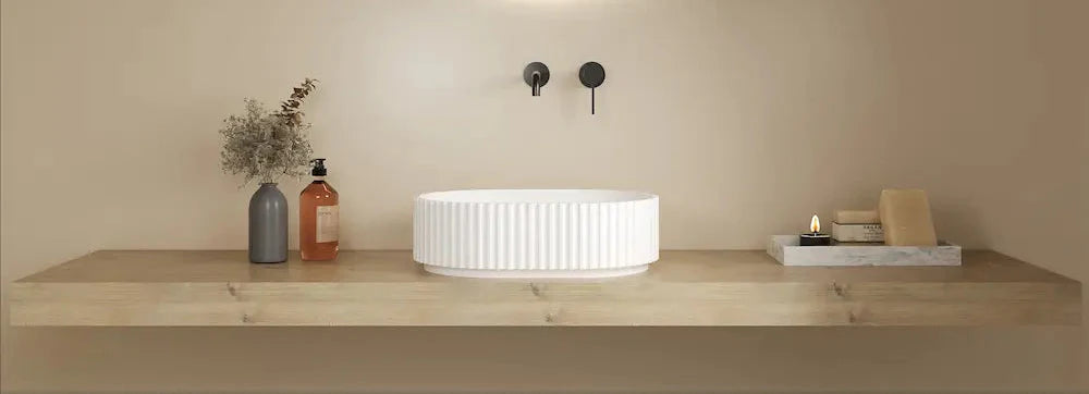 Vienna fluted white ceramic basin on timber floating vanity with round LED mirror