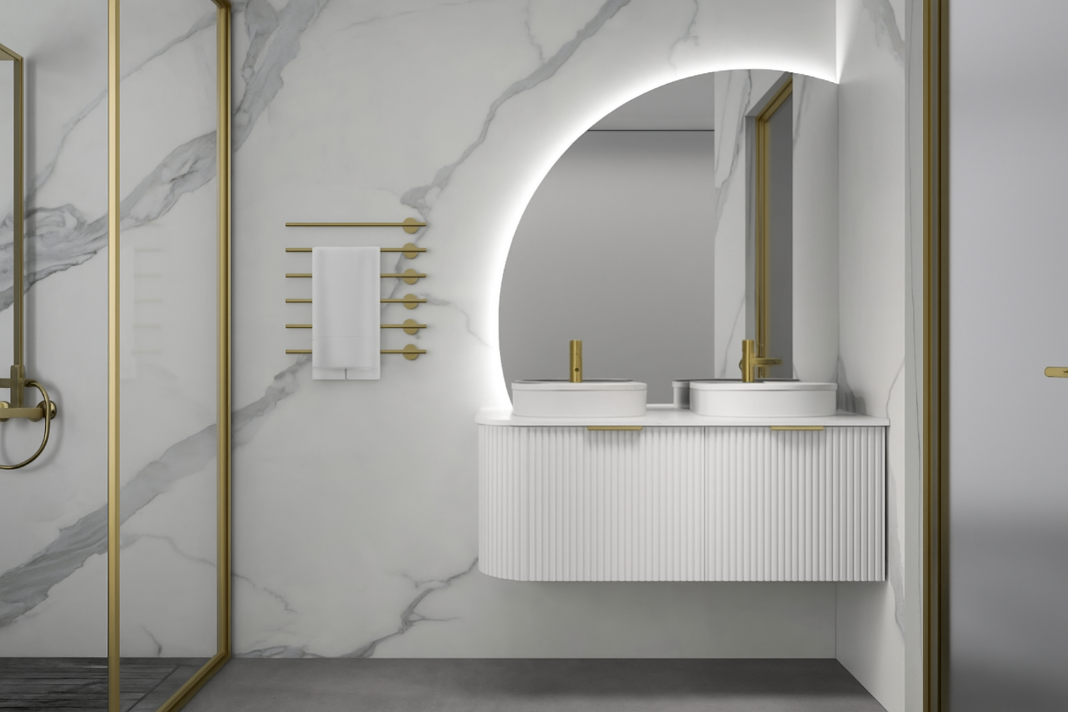 INFINITY Rio Right Corner Fluted Wall Hung Vanity – Matte White | 600–1500mm