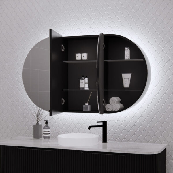 RIVA Paris Oval LED Shaving Cabinet – Matte White / Matte Black | 1200×700mm