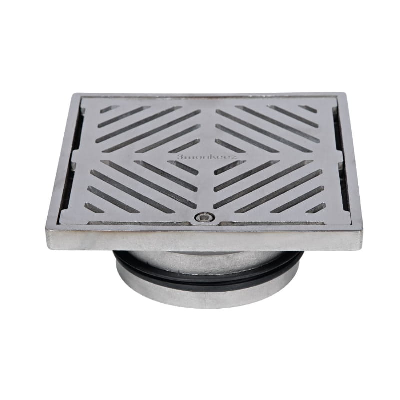 Stainless steel 150mm square floor waste drain with modern grate; ideal for bathroom renovations