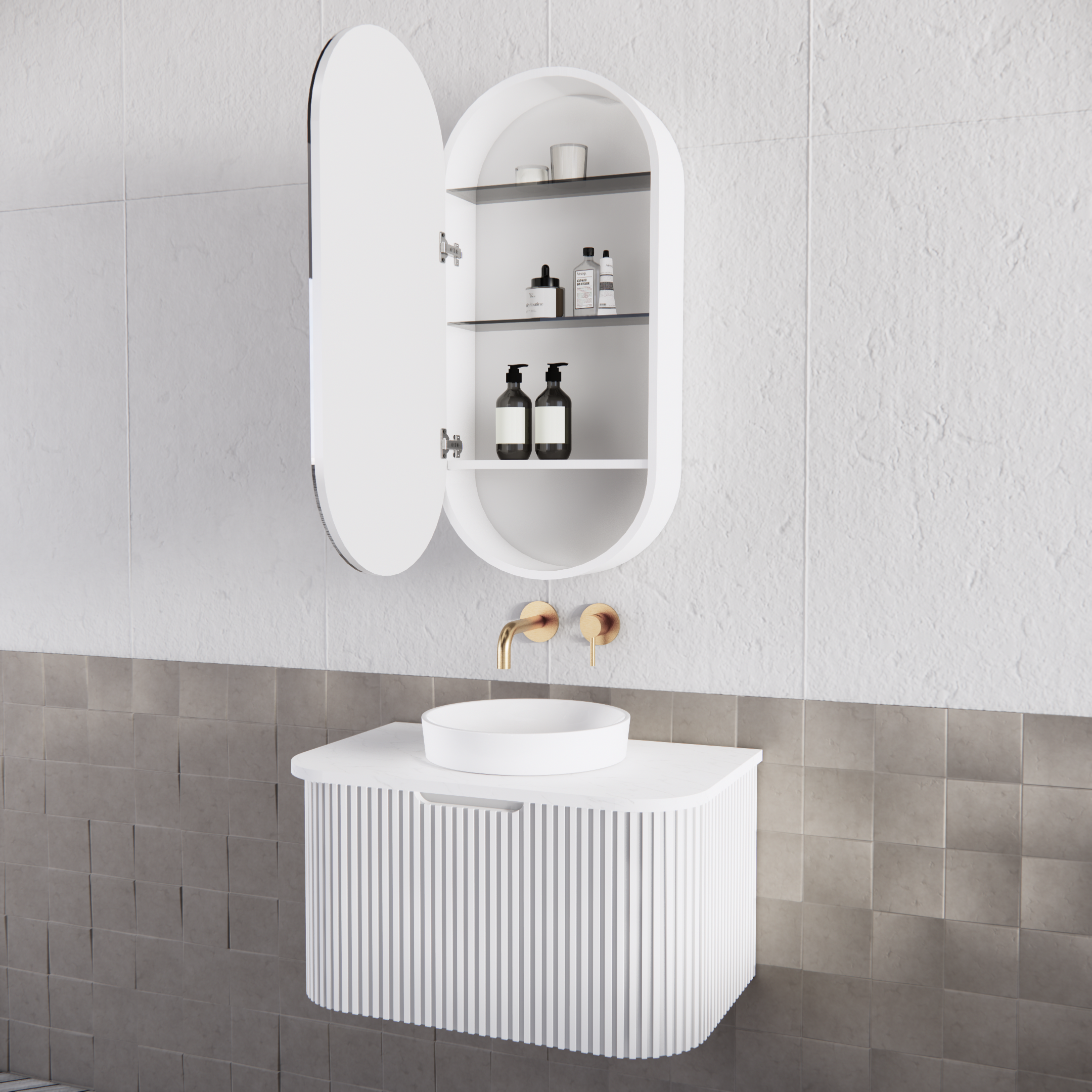 RIVA London Oval Shaving Cabinet – Matte White / Matte Black | 450×870mm
