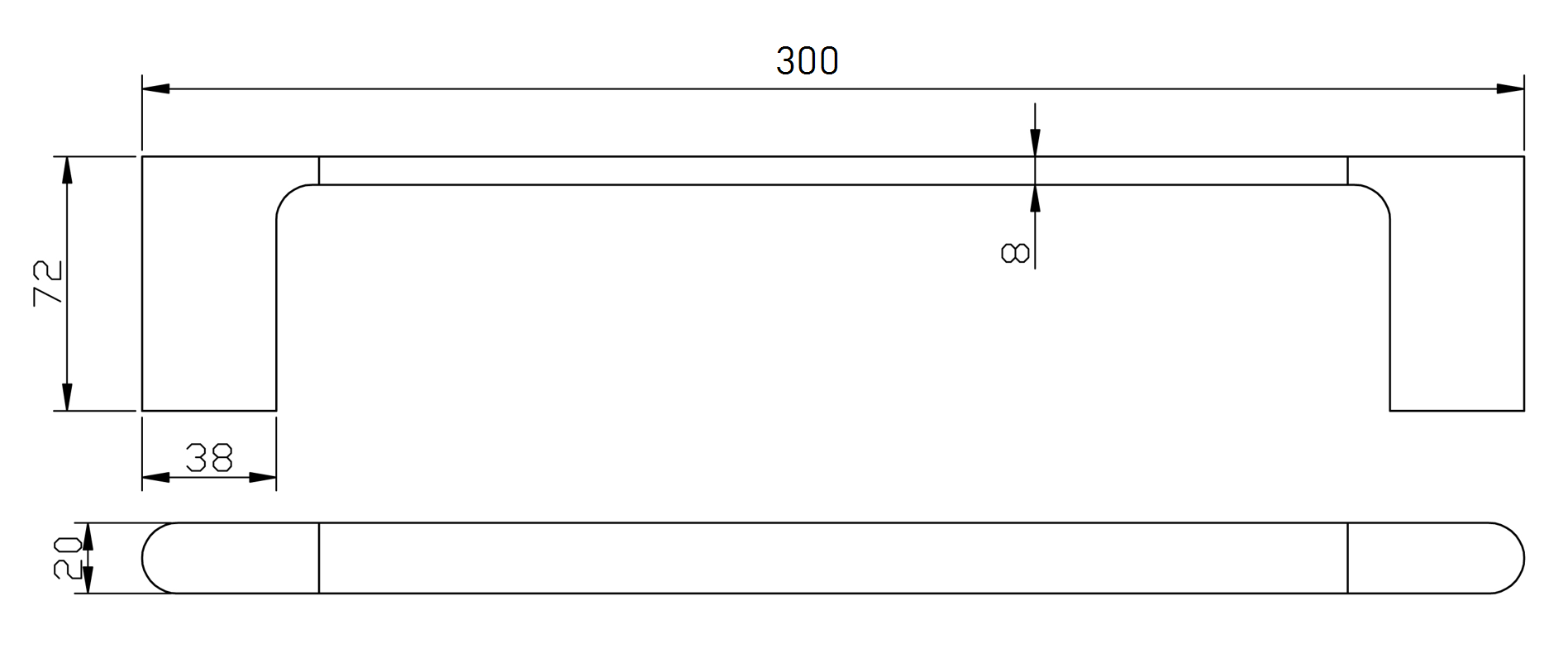 Technical drawing of bathroom vanity handle with measurements, Secasa Home hardware