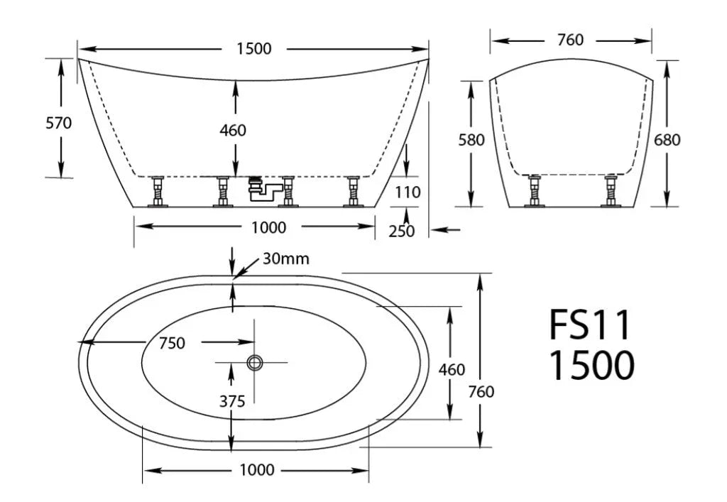 FS11 1500 freestanding bath technical drawing with dimensions, modern bathroom product