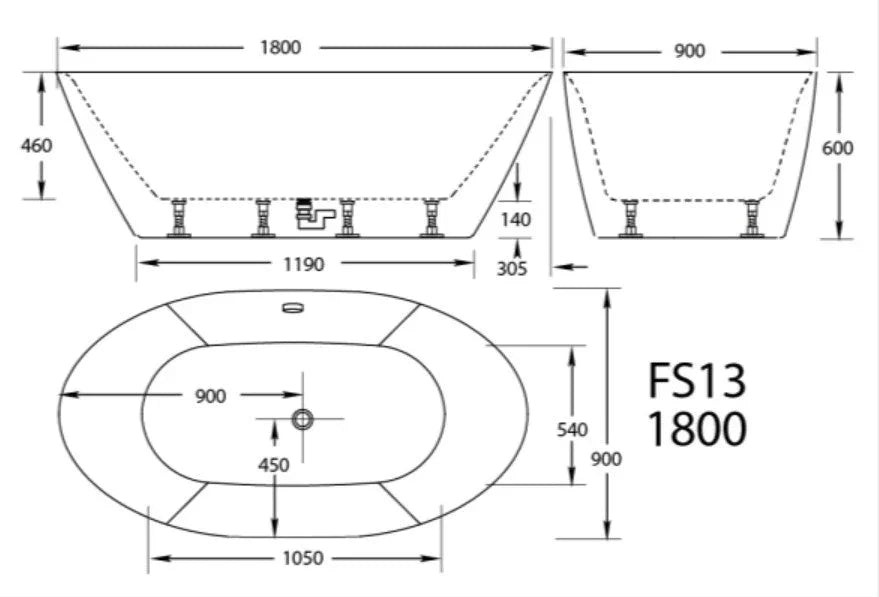 FS13 1800 modern freestanding bath technical drawing with dimensions, Secasa Home