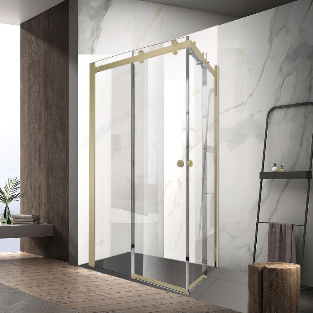 Sunny Brushed Gold NKE 900–1800×2000mm Double Sliding L Shape Frameless Shower Screen