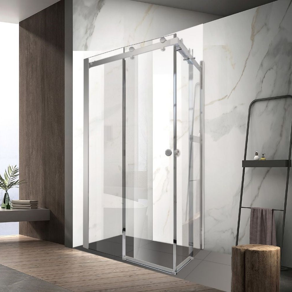 Sunny Brushed Nickel 900–1800×2000mm L Shape Frameless Clear Glass Double Sliding Door Shower Screen