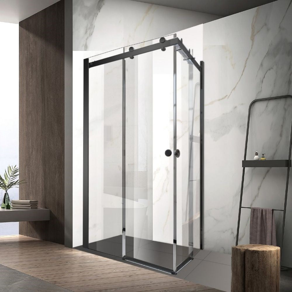 Sunny Matt Black 900–1800×2000mm L Shape Frameless Clear Glass Double Sliding Door Shower Screen