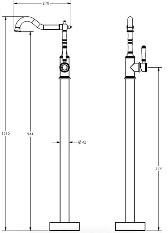 Technical drawing of freestanding bath mixer tap with dimensions, Secasa Home bathroom collection