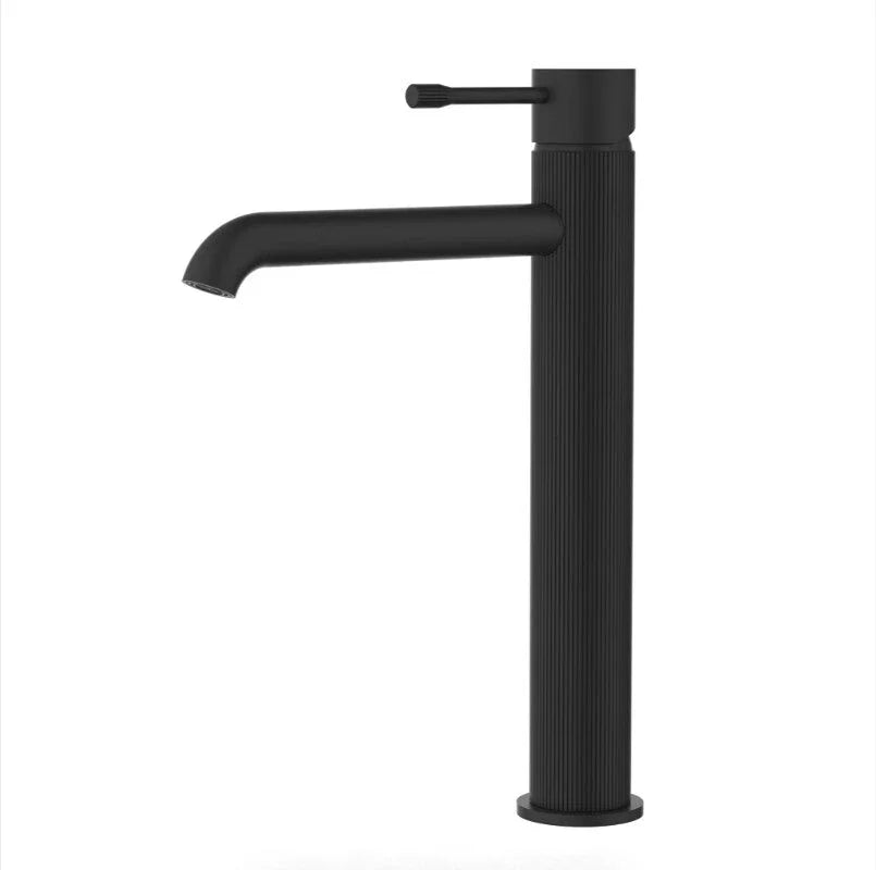Modern matte black bathroom tapware with textured cylindrical base by Secasa Home