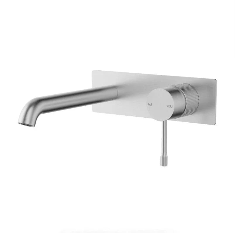 Modern brushed stainless steel wall-mounted bathroom mixer tap by Secasa Home
