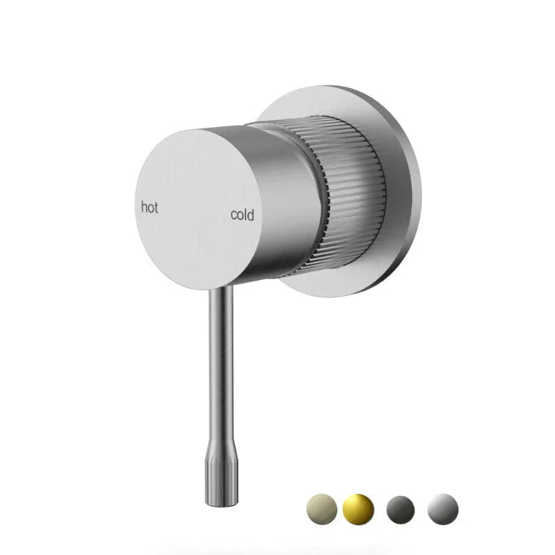 Modern brushed stainless steel wall mixer tap with hot and cold labels, Secasa Home.