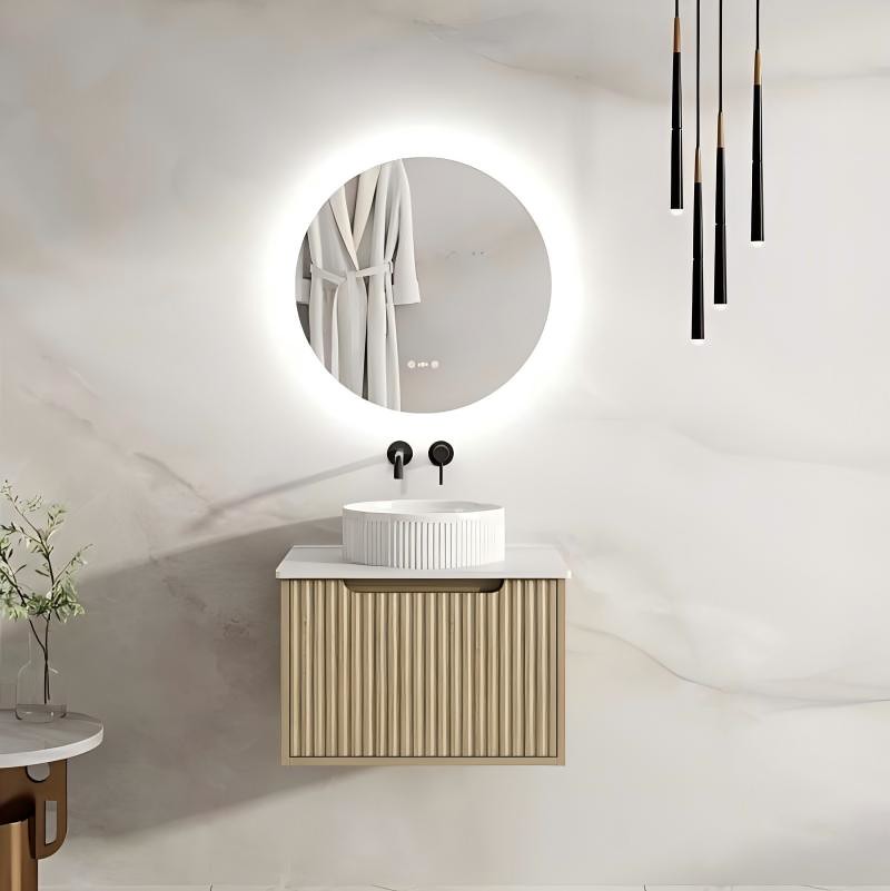 Mercio RHEA Natural Oak Fluted Wall Hung Vanity | 600–1500mm | Elegant Storage in Minimalist Design