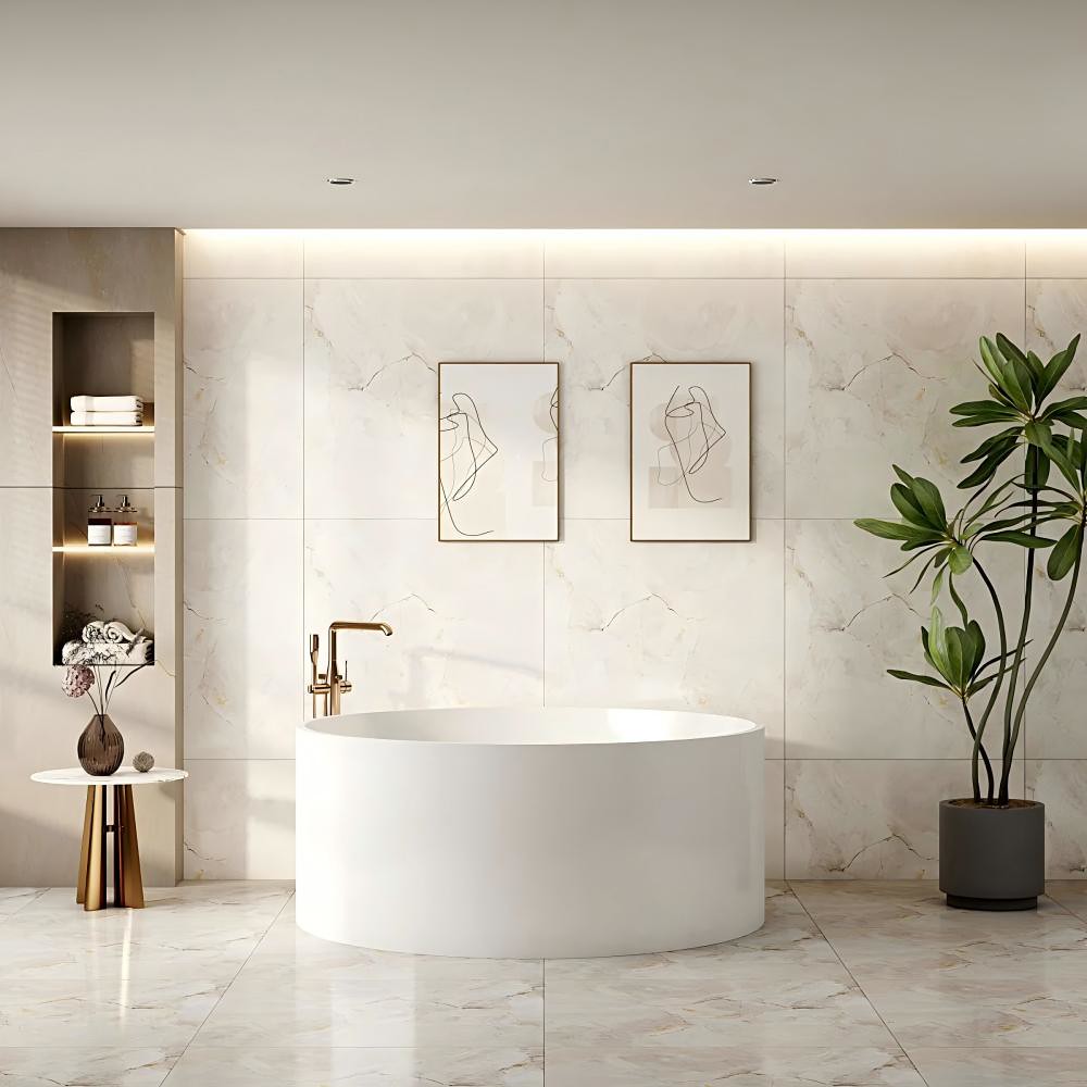 MERCIO Cole 1400mm Round Freestanding Bathtub – Gloss White | American Acrylic | With/Without Overflow