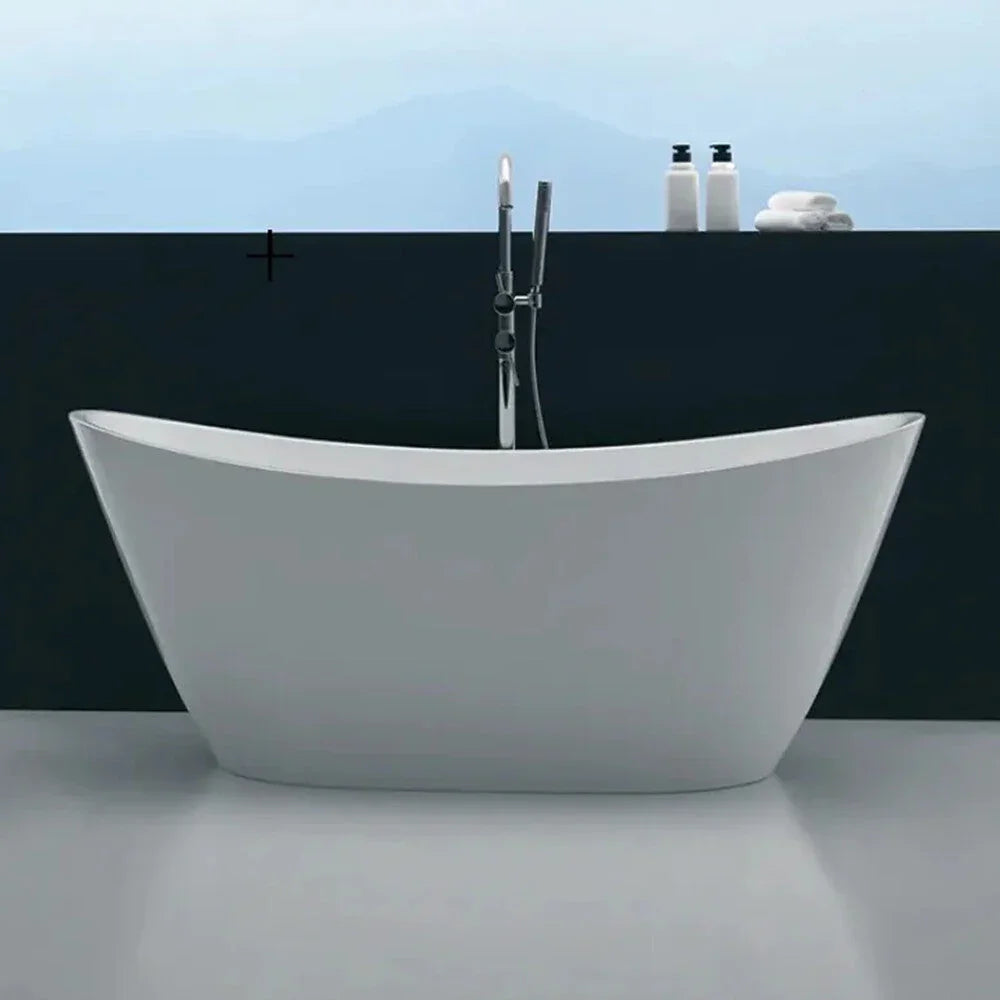 Modern freestanding white bathtub with chrome tapware, minimalist bathroom, Secasa Home