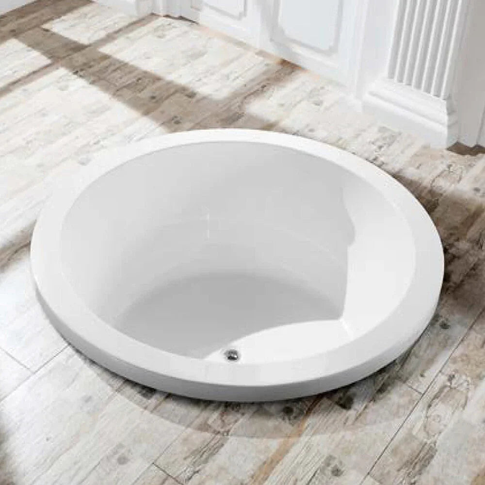 Modern round freestanding bath on wood-look tile floor in a bright bathroom, Secasa Home