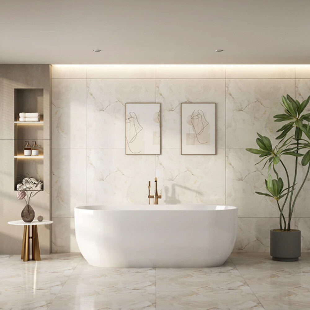 Mercio Anna Back-to-Wall Freestanding Bathtub – Gloss White Acrylic Oval with Overflow (1500–1700mm)