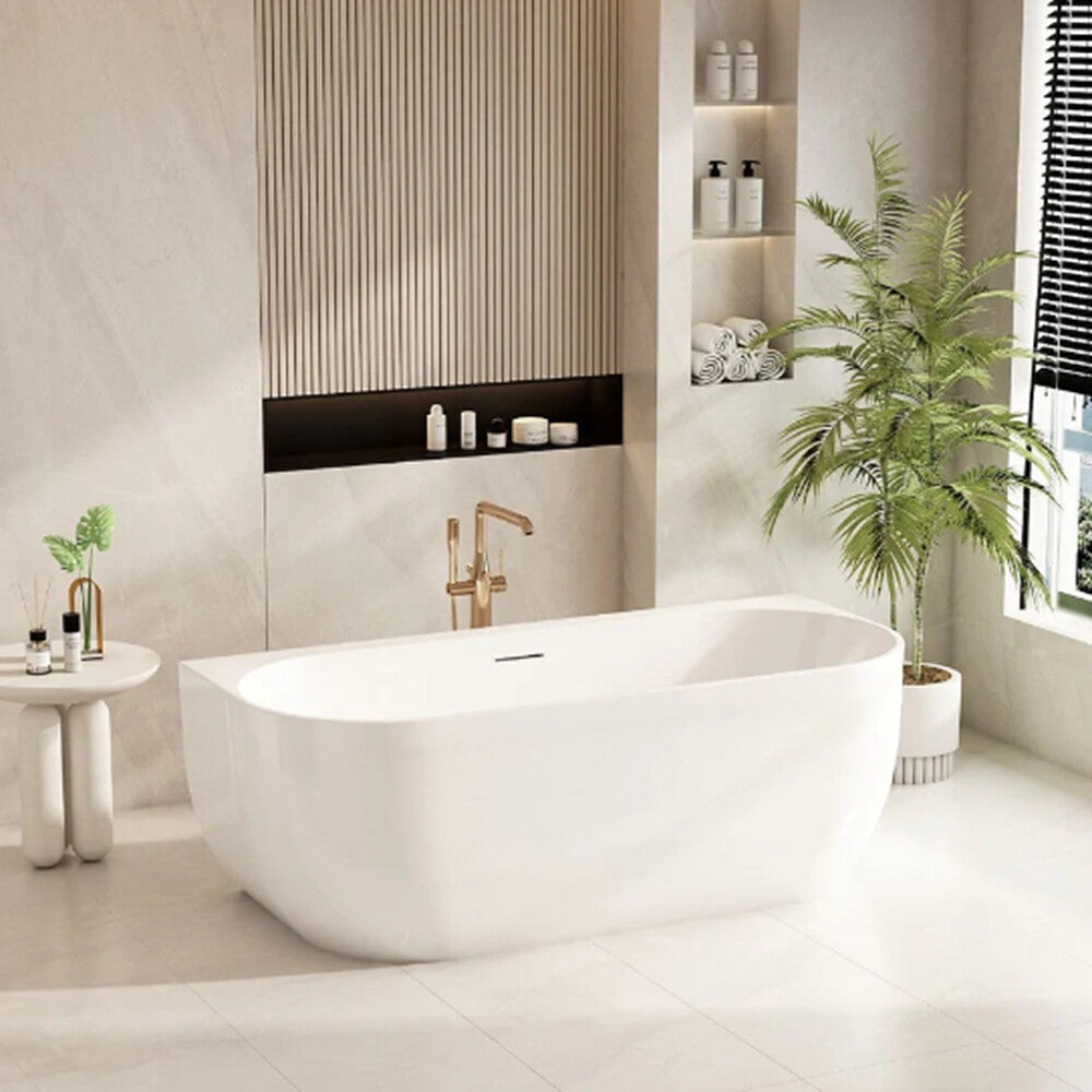 Mercio Anna Back-to-Wall Freestanding Bathtub – Gloss White Acrylic Oval with Overflow (1500–1700mm)