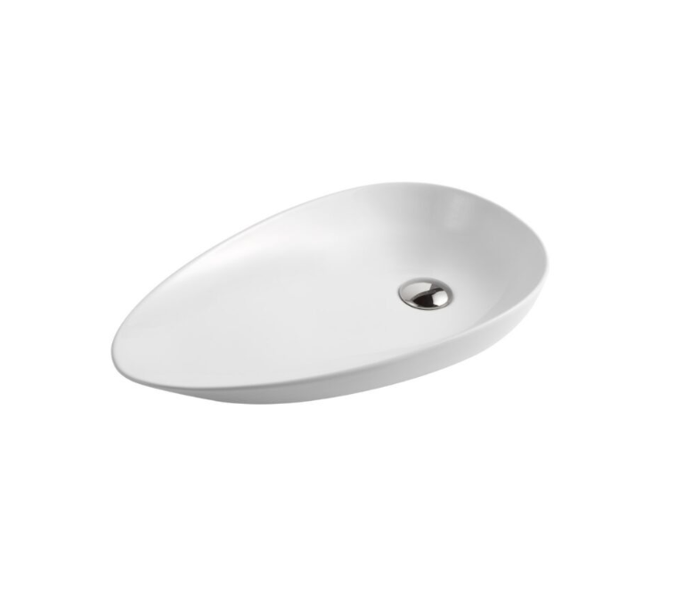 Modern white oval ceramic bathroom vanity basin with chrome drain by Secasa Home