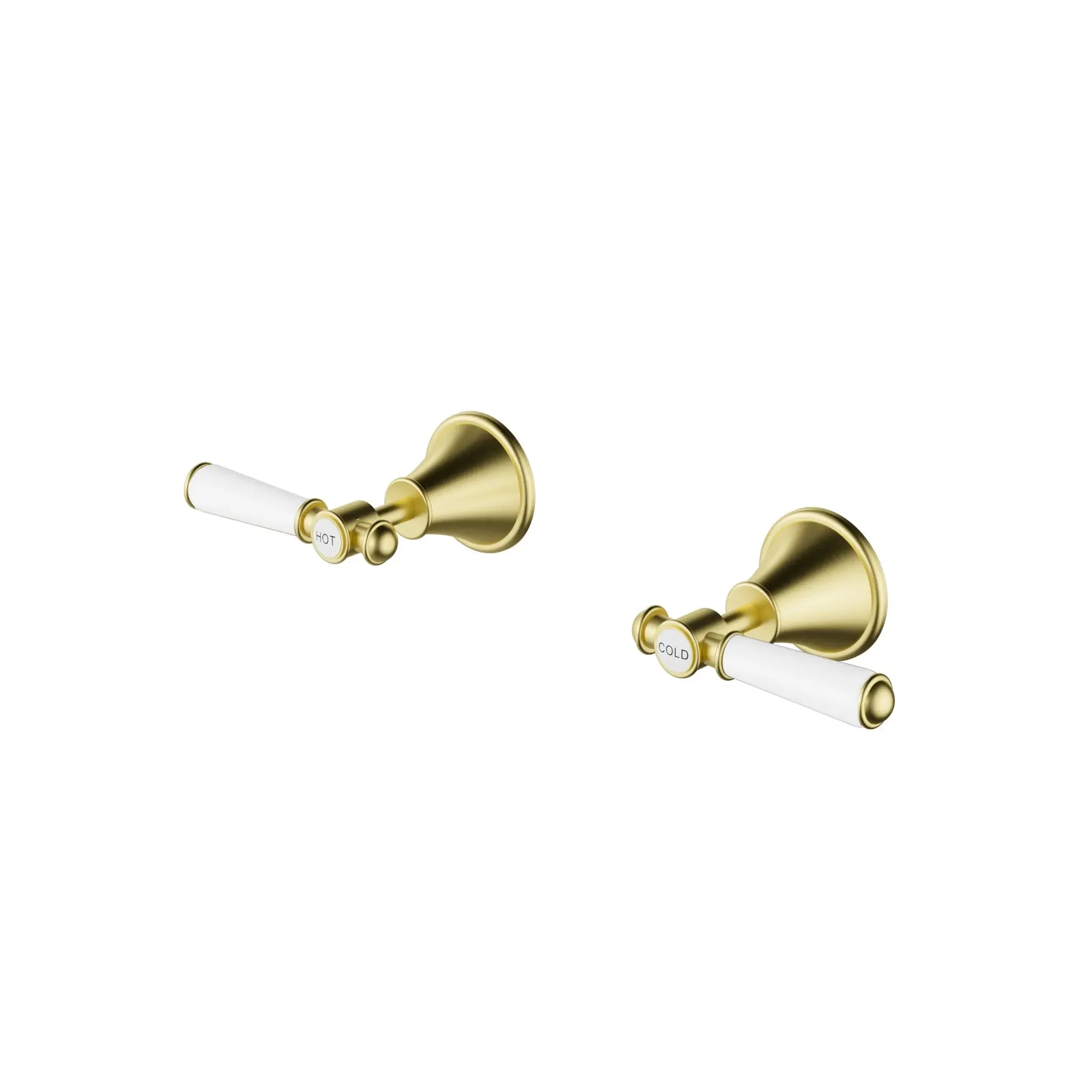 Brushed gold bathroom tapware set with white handles, hot and cold wall mixer from Secasa Home