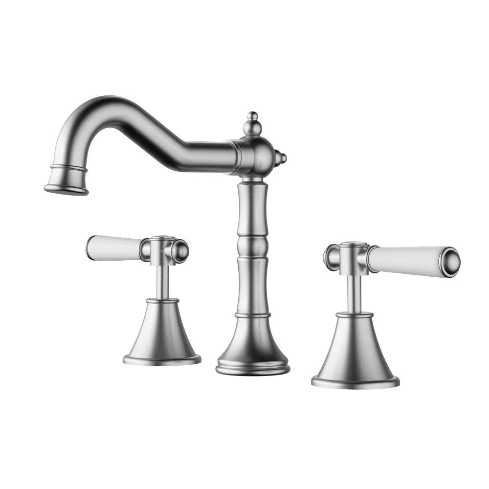 Brushed nickel three-piece bathroom tapware set with vintage design from Secasa Home.