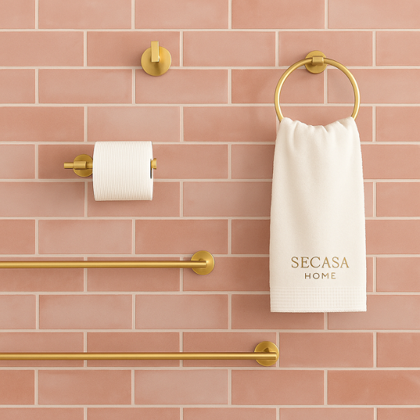 Bathroom wall with gold towel rack, hook, and dispenser against a pink brick wall. Secasa Home towel displayed.