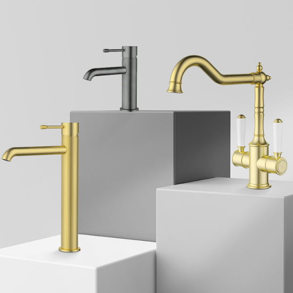 Three different styles of faucets on a gray and white background