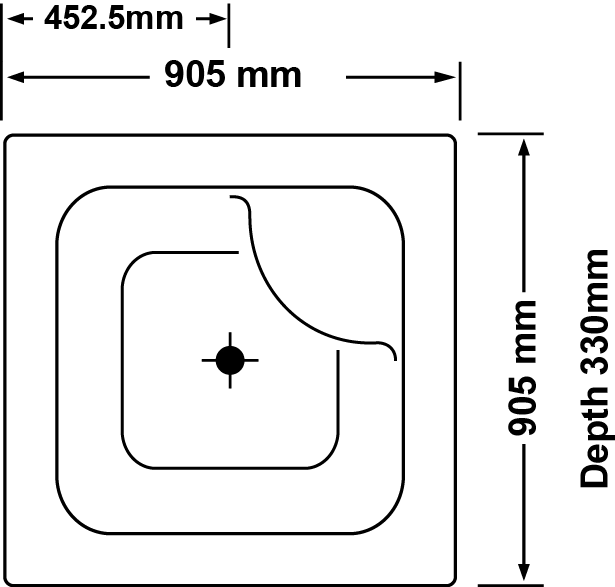 Square bathroom basin measurements diagram with side and top dimensions, Secasa Home vanity