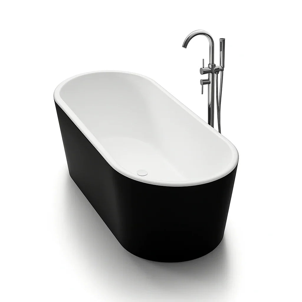 Modern black freestanding bath with chrome floor-mounted tap, Secasa Home bathroom design