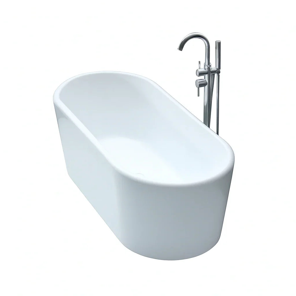 Modern gloss white freestanding bath with chrome tapware, Secasa Home bathroom collection