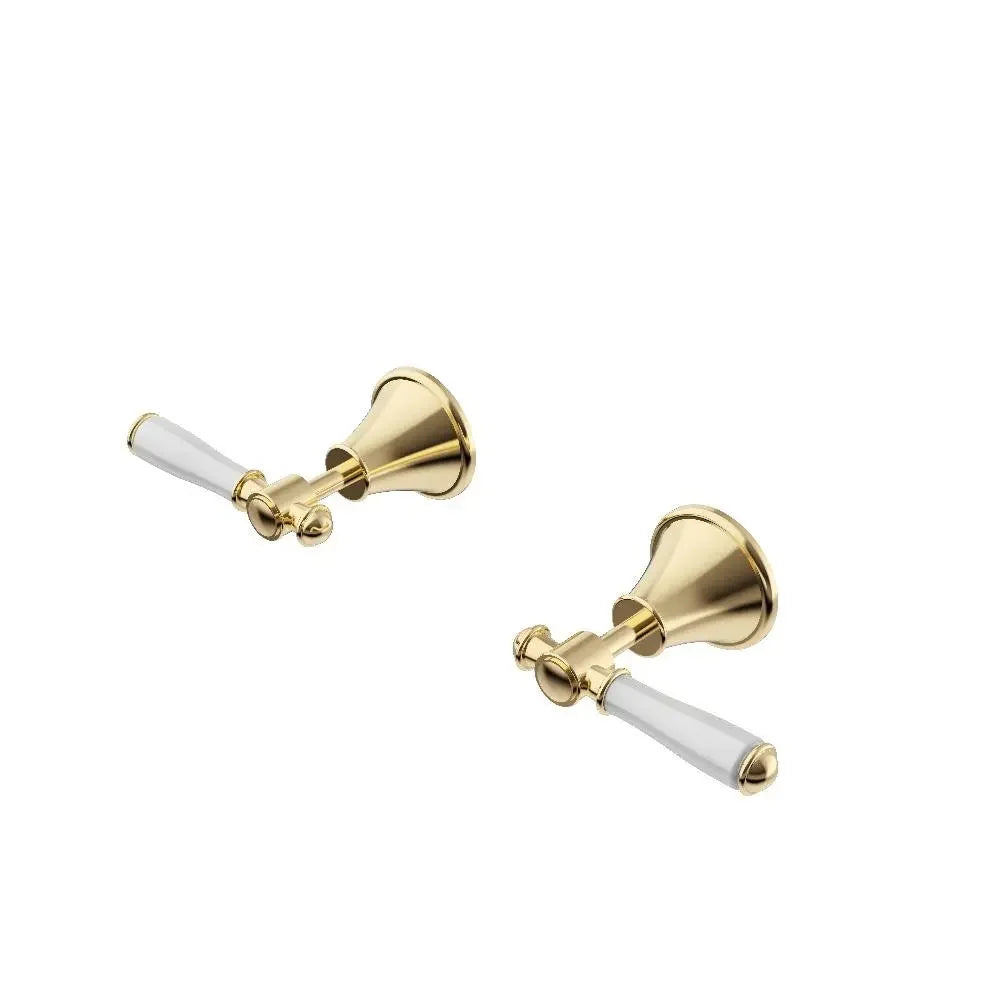Pair of gold wall-mounted bathroom tap handles with white levers, Secasa Home tapware