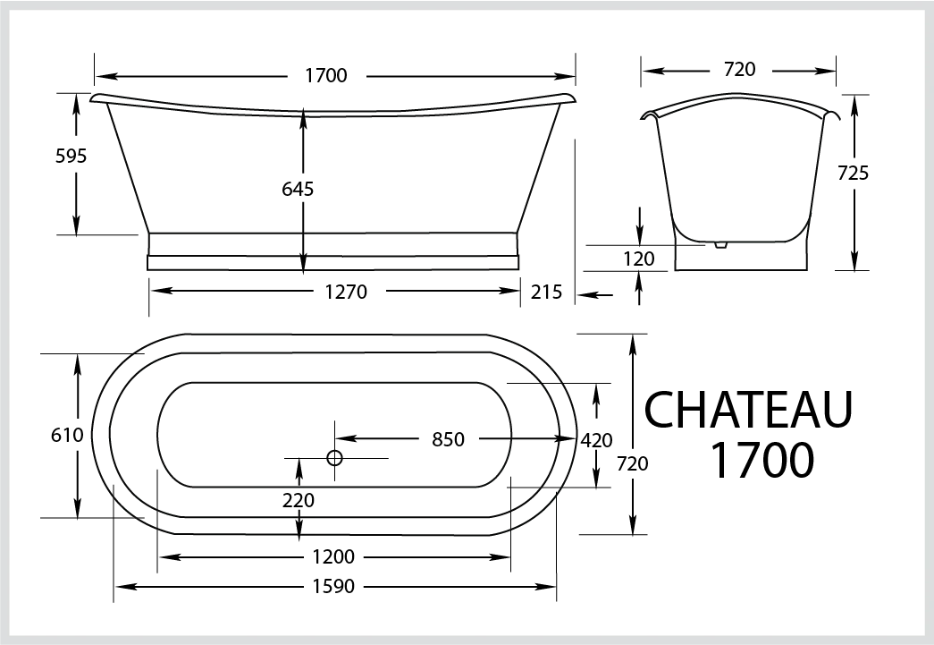 Chateau 1700 freestanding bath technical drawing with dimensions, Secasa Home bathroom design