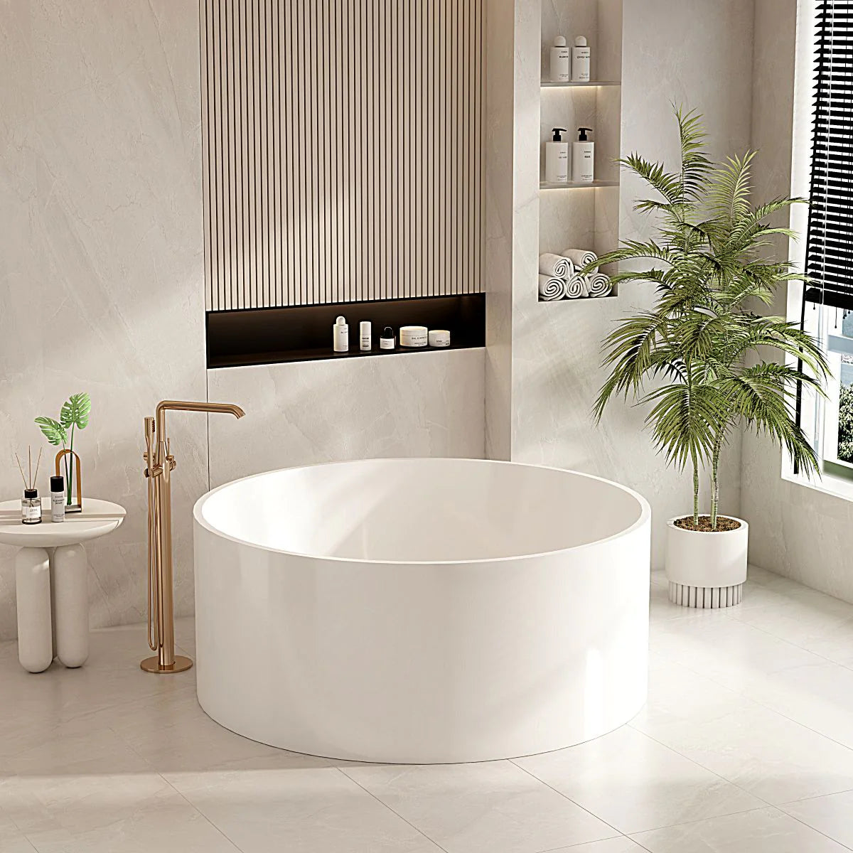 MERCIO Cole 1400mm Round Freestanding Bathtub – Gloss White | American Acrylic | With/Without Overflow