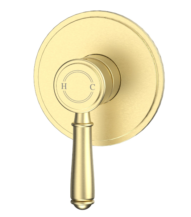 Brushed gold wall-mounted shower mixer tap with hot and cold handle, modern bathroom design