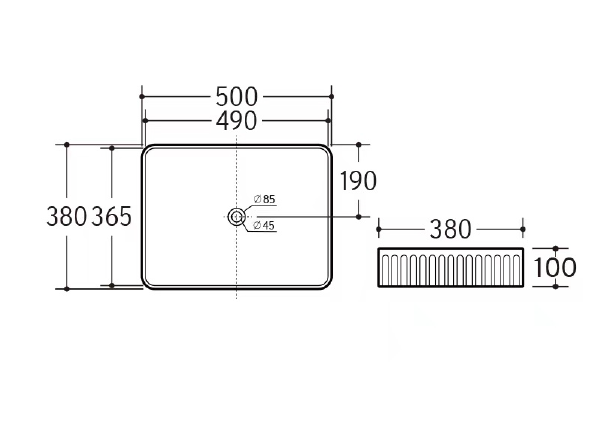 Sunny Gloss White Ceramic Rectangle Fluted Counter Top Basin 500*380*100mm