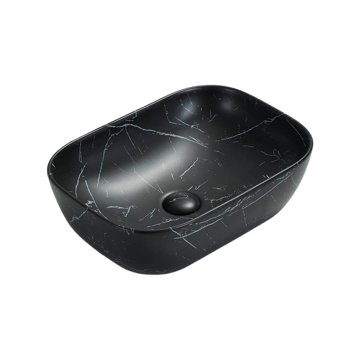 Lukka ELLIPS fine ceramic above counter basin in oval shape, matt marble black finish, 460×320×137 mm, non-overflow, 32 mm waste