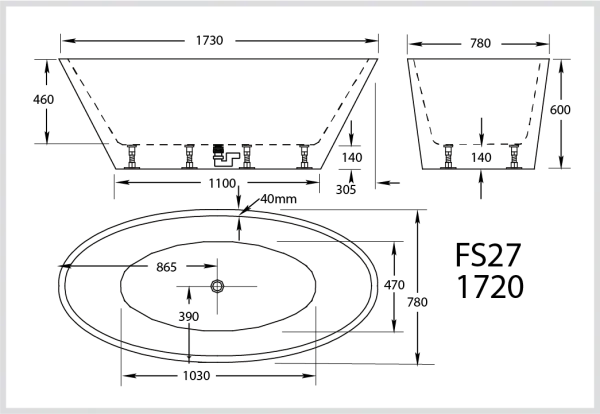 Modern oval freestanding bath technical drawing, Secasa Home bathroom design