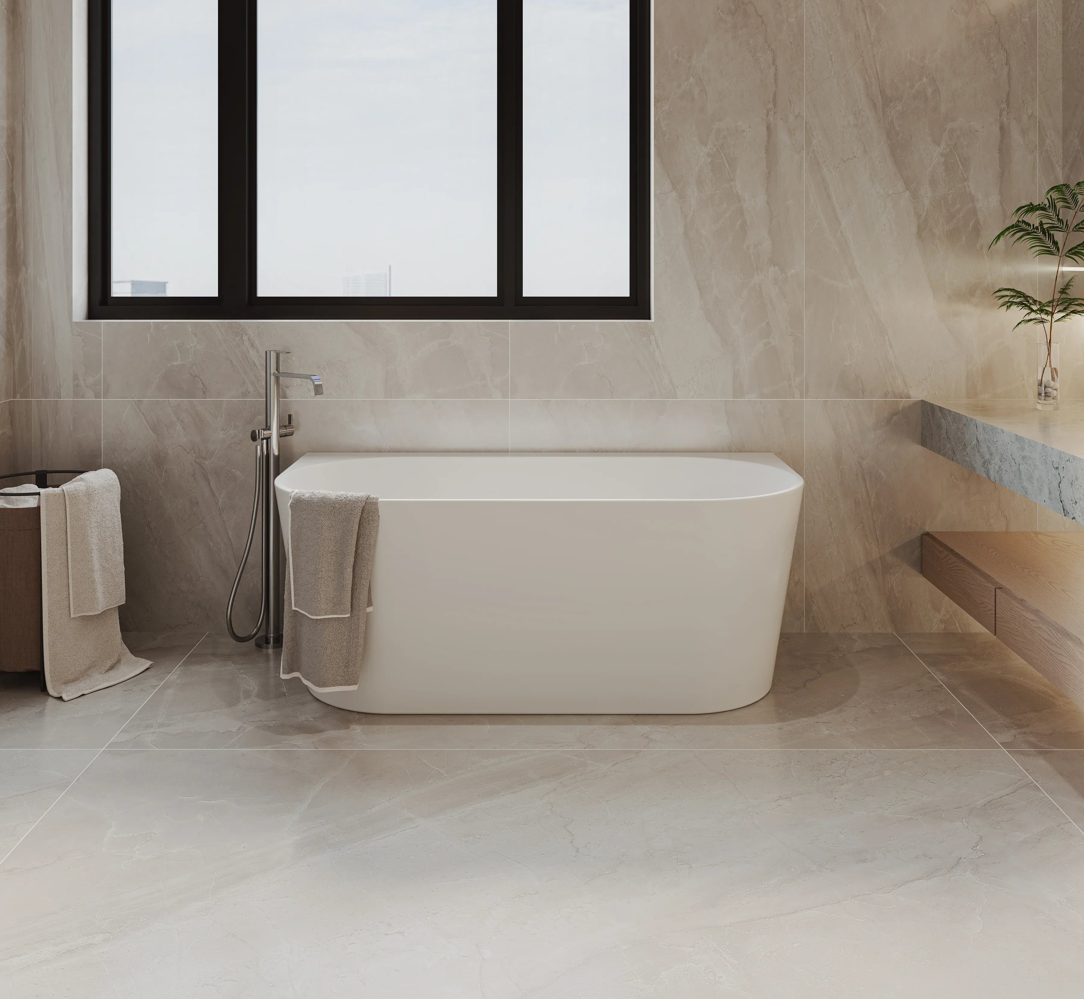 Modern freestanding bath in marble-tiled bathroom with large window, by Secasa Home.