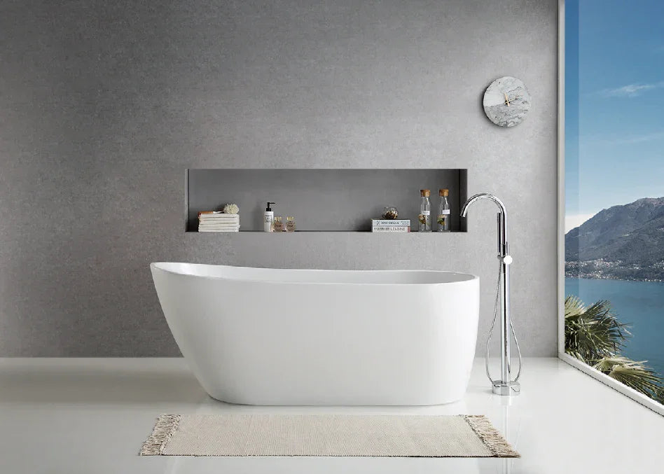 Modern freestanding white bathtub in minimalist bathroom with lake view, by Secasa Home