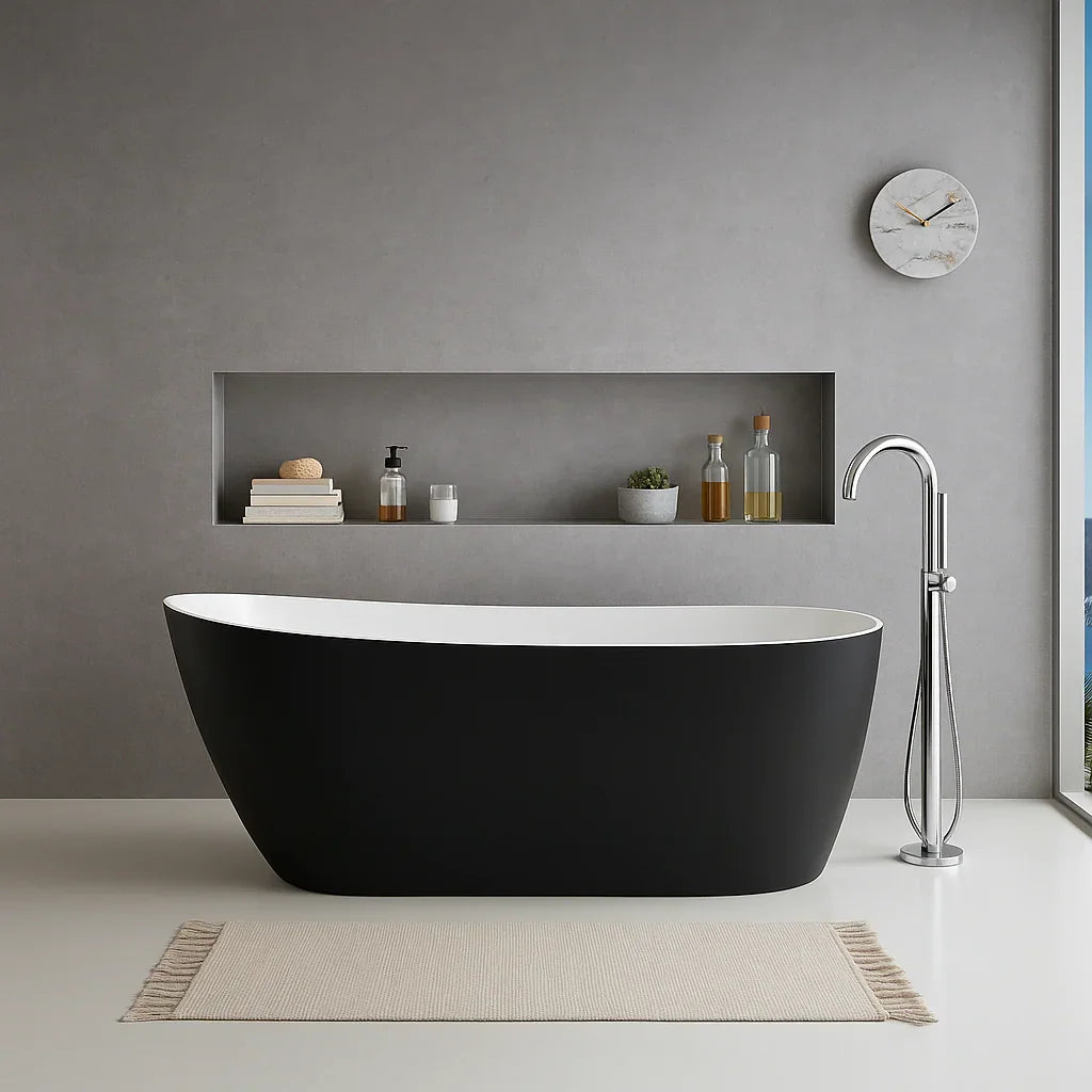 Modern black freestanding bathtub with floor tapware in a minimalist bathroom by Secasa Home