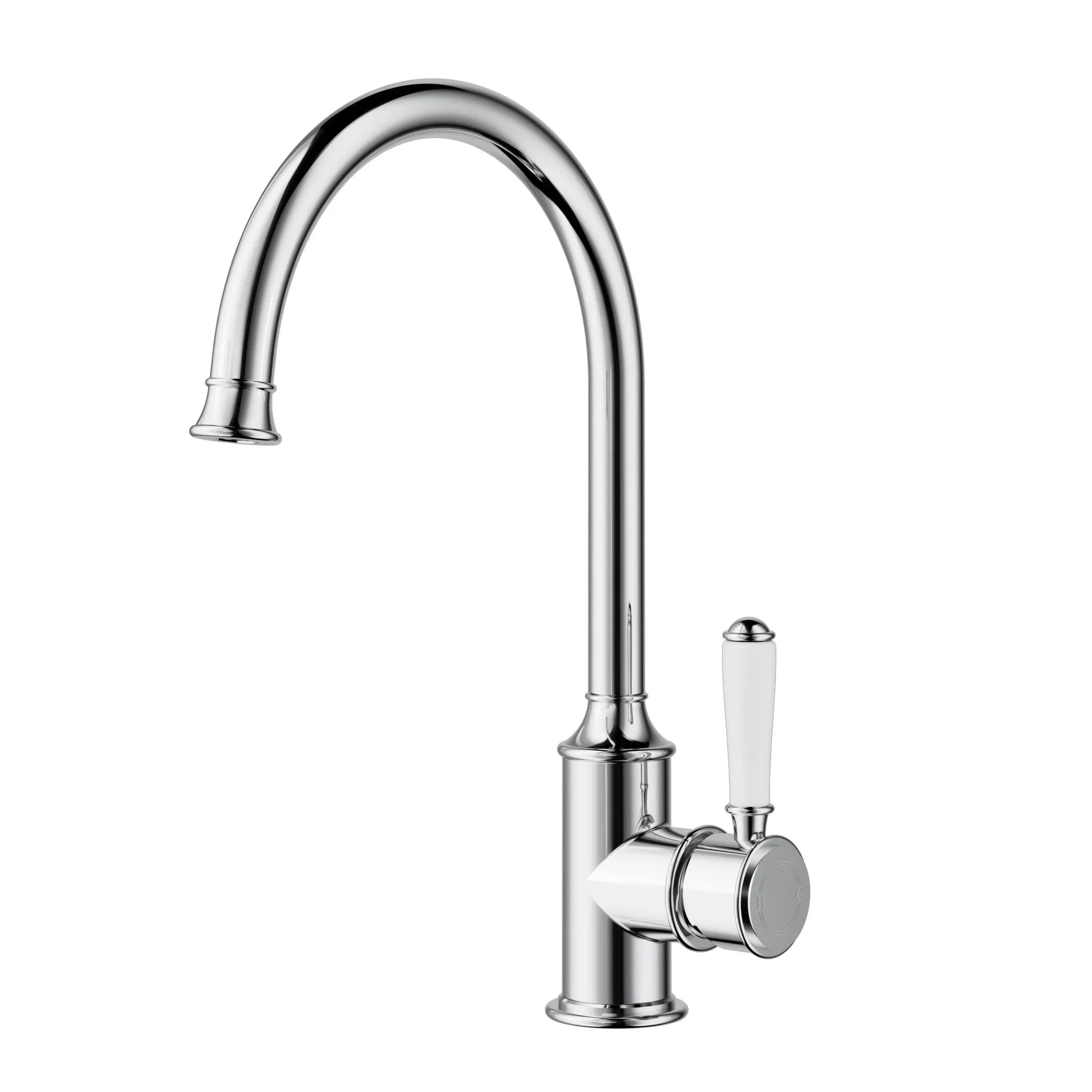 Modern chrome kitchen tapware with white handle, curved spout by Secasa Home