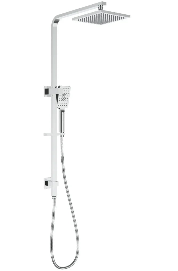 Modern chrome square shower system with overhead rain shower and handheld attachment from Secasa Home
