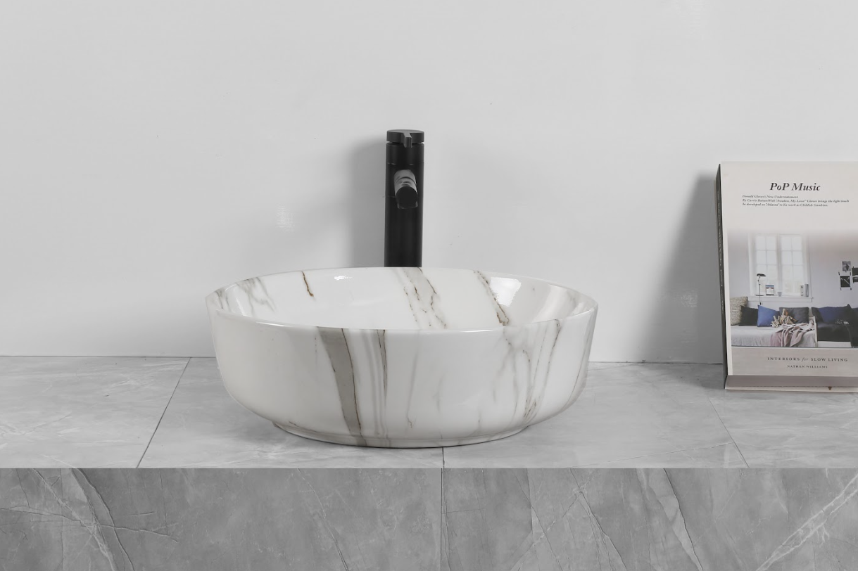 Infinity Gloss Carrara Ceramic Marble Round Above Counter Art Basin 415*415*130mm