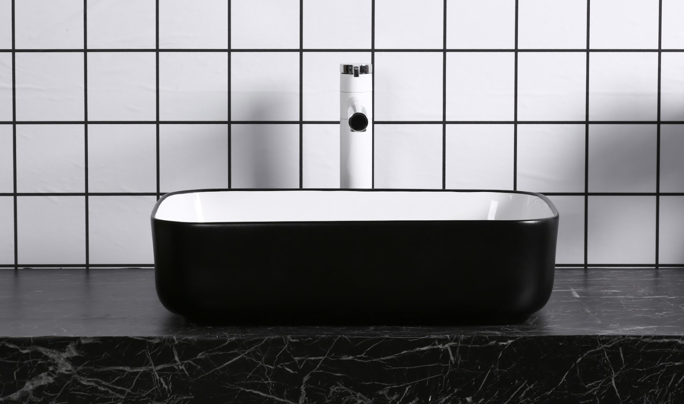 Infinity Gloss Black and White Ceramic Rectangle Above Counter Basin 500*400*135mm