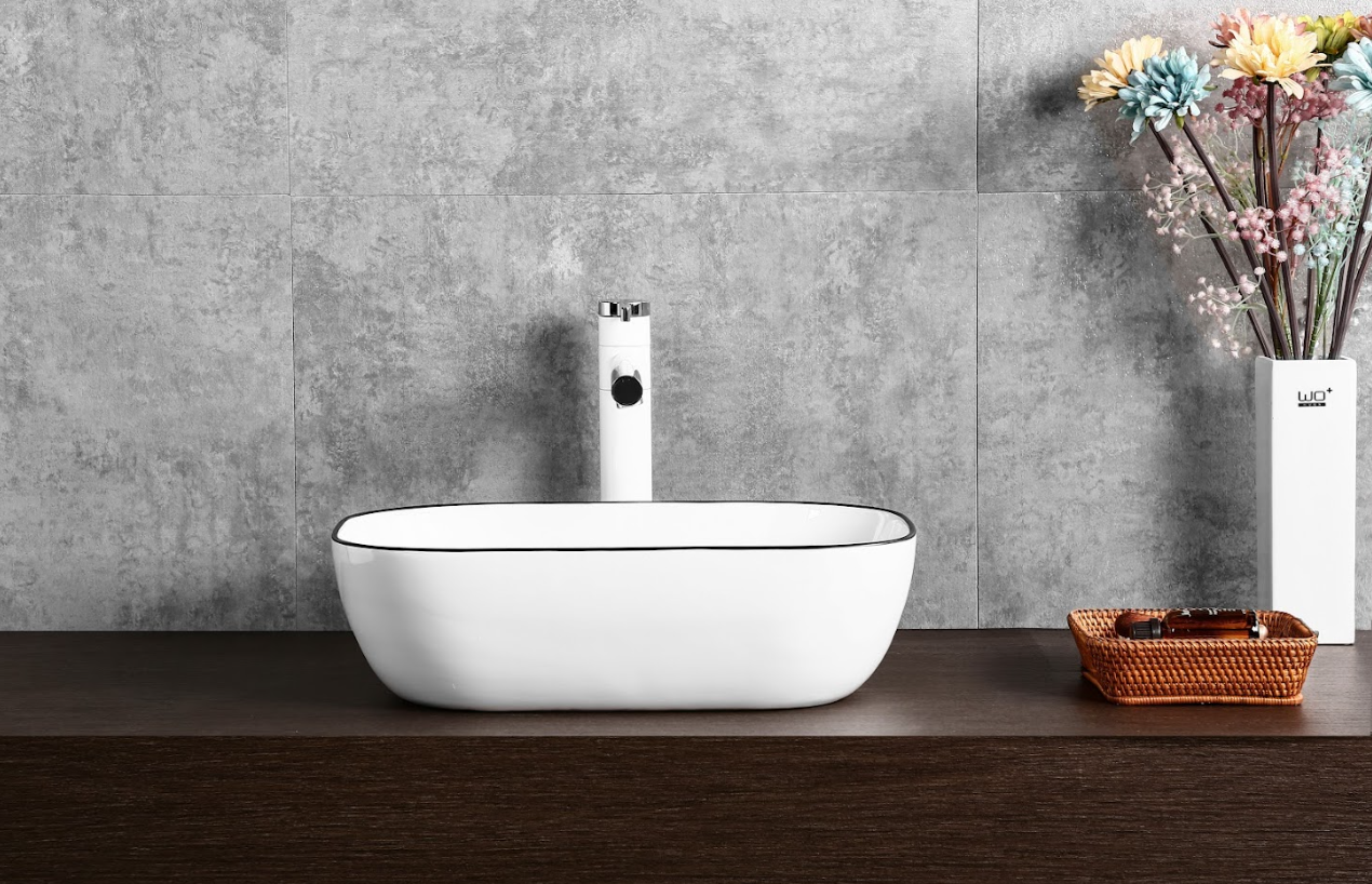 Infinity Gloss White with Black Rim Ceramic Rectangle Above Counter Art Basin 460*330*135mm