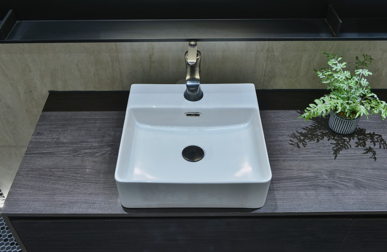 Infinity Rectangle Gloss White Ceramic Above Counter Basin with 1 Tap Hole 410*420*130mm