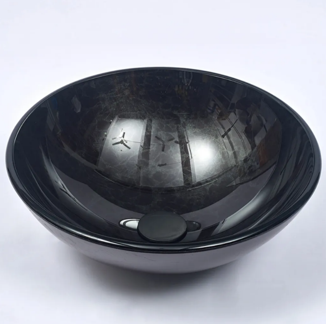 Infinity 420*420*145mm Black Glass Tempered Round Above Counter Art Basin